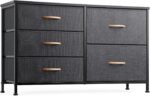 Nicehill Chest of Drawers with 5 Drawers, Storage Organizer, Wide Chest of Drawers for Closet, Clothes, Kids, Baby, TV Stand, Wood Board, Fabric Drawers(Black Grey)