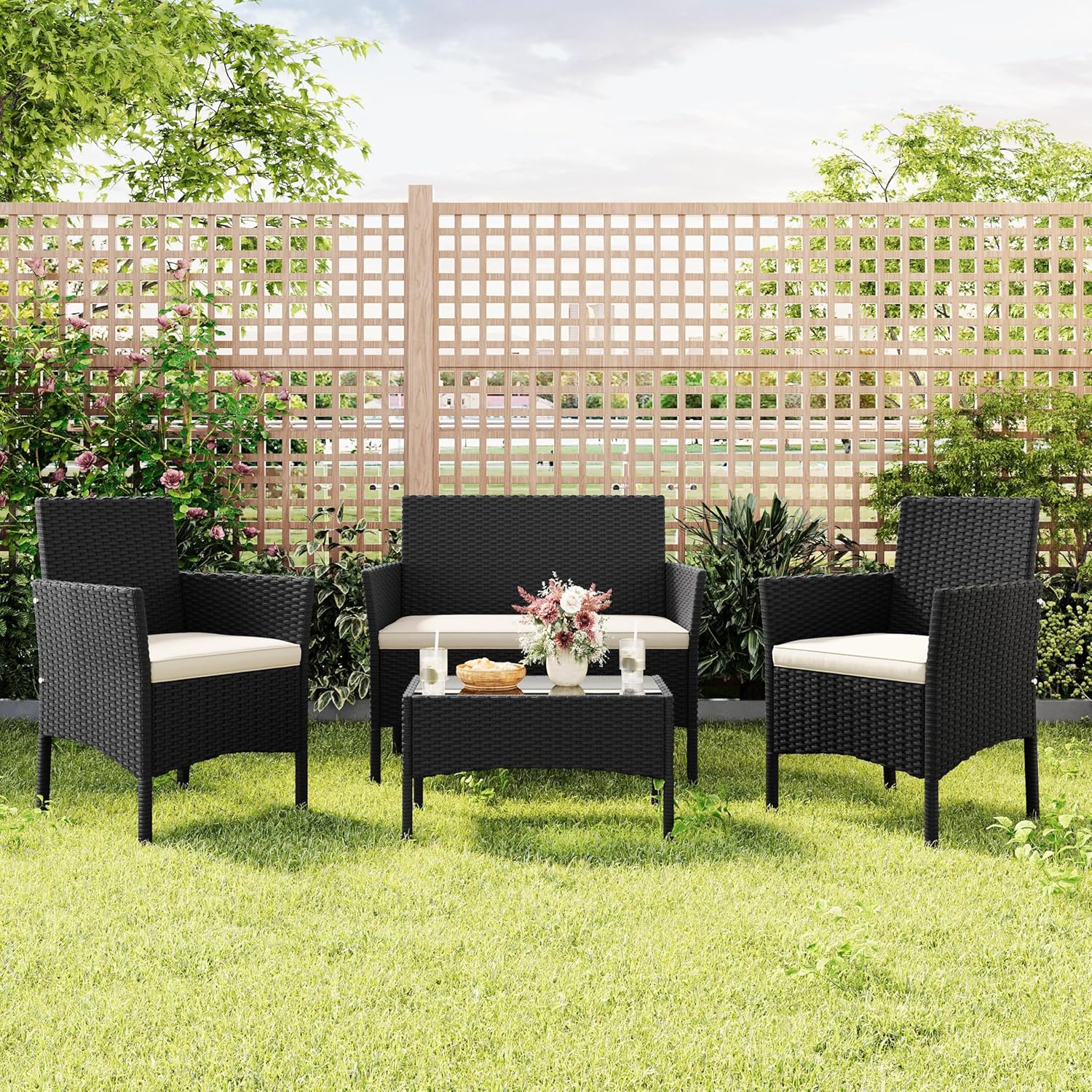 A12ZMzIdgDL._AC_SL1500_ Yaheetech 4-Piece Rattan Patio Furniture Set, Outdoor 4 Seater Patio Conversation Sets with Glass Top Coffee Table, Weather Resistant Garden Conversation... - Image 1