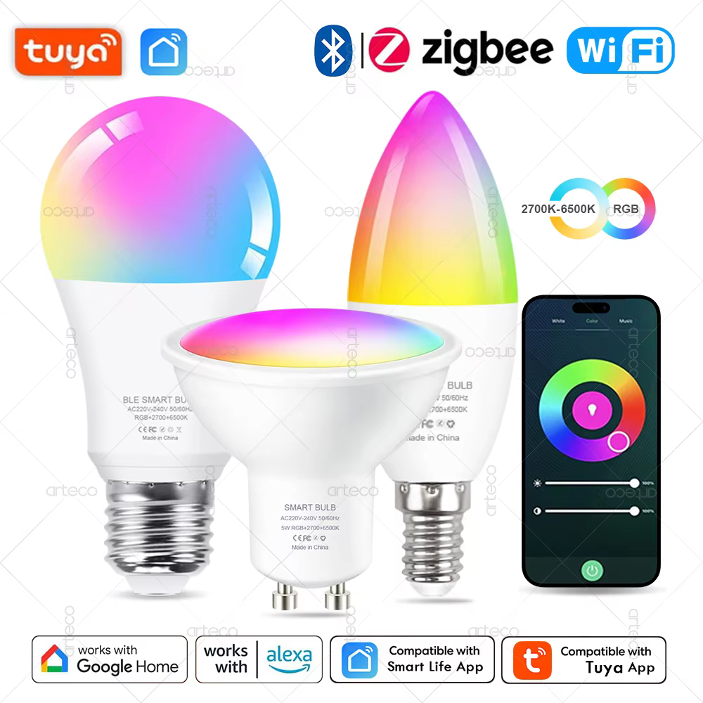 S62f2c3ae90924084b8a157259247bb3dU Tuya E27 E14 GU10 Bulb WIFI Zigbee Bluetooth,Dimmable Smart LED Lamp 2700-6500K RGB,LED Light Bulb Work With Alexa Amazon Google - Image 1