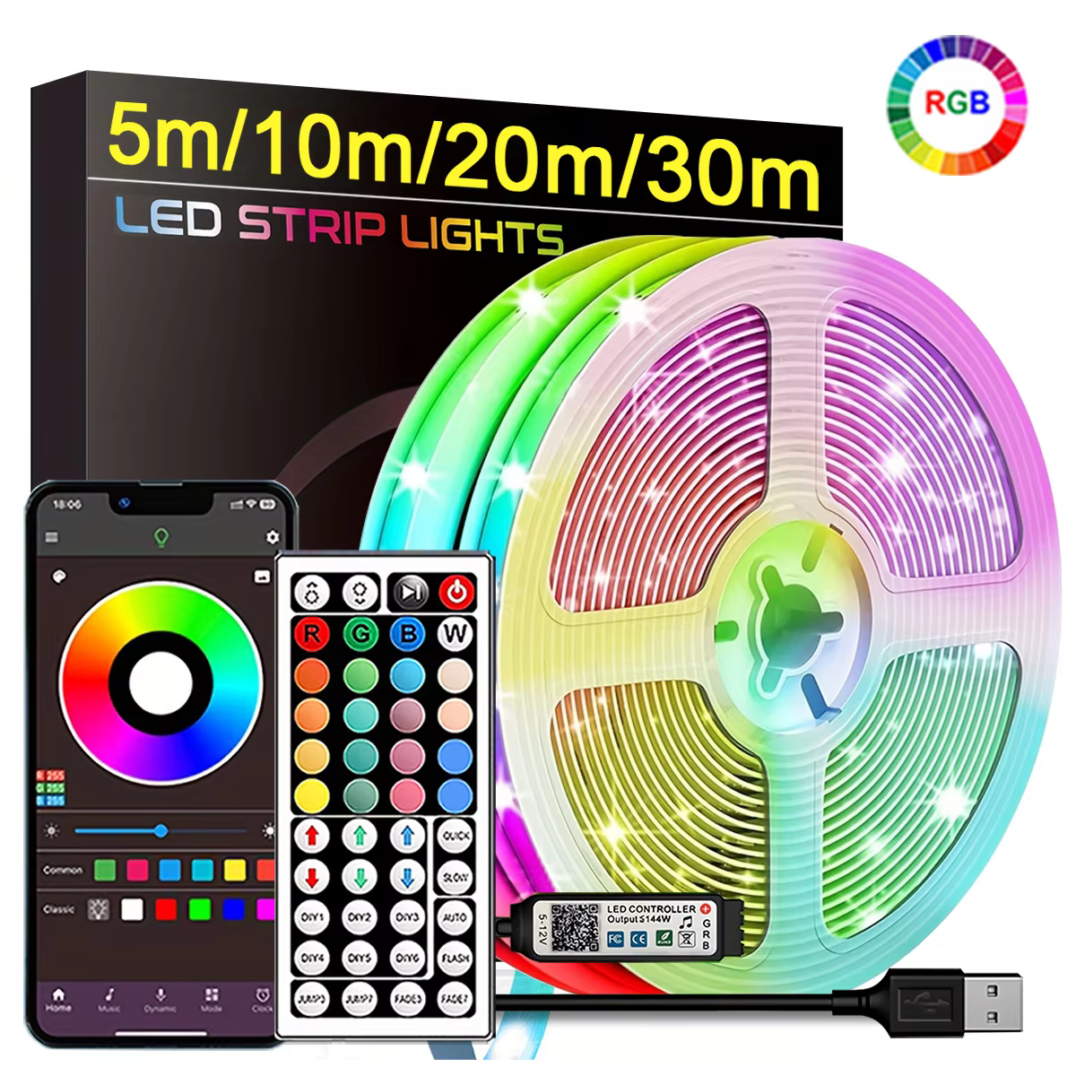 S68bc844cef4e43d8aa593135470f1af6x RGB Led Strip Lights 5m 10m 20m 30m Led Room Light with APP Control Flexible Ribbon Luces Led Tape for Room Bedroom Decoration - Image 1