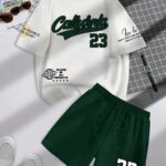 Manfinity Campus Court 2pcs/Set Men's Letter Print Crew Neck Short Sleeve Casual T-Shirt And Drawstring Waist Shorts Set