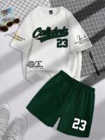 Manfinity Campus Court 2pcs/Set Men's Letter Print Crew Neck Short Sleeve Casual T-Shirt And Drawstring Waist Shorts Set