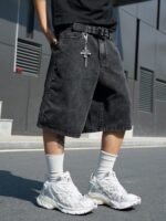 Manfinity EMRG Men's Casual Street Style Embroidered Black Wide Leg Denim Shorts - Image 6