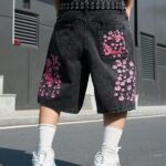 Manfinity EMRG Men's Casual Street Style Embroidered Black Wide Leg Denim Shorts