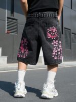 Manfinity EMRG Men's Casual Street Style Embroidered Black Wide Leg Denim Shorts
