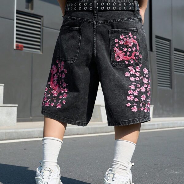 Manfinity EMRG Men's Casual Street Style Embroidered Black Wide Leg Denim Shorts