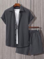 Manfinity HoManfinity Homme Men's Simple Solid Color Shirt And Shorts Set, Cozy Outfitsmme Men's Simple Solid Color Shirt And Shorts Set, Cozy Outfits