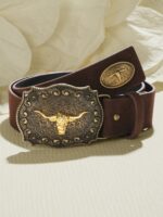 1pc Unisex Retro Bull Head Buckle Belt, Classic Engraved PU Leather Fashion Accessory, Western Style Casual Waist Belt - Image 2