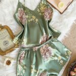 LuxeNights 2pcs Women Sexy Deep-V Print Camisole And Shorts Set, Elegant Satin Outfit, Suitable For All Seasons