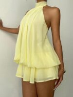 Aloruh Women's Chiffon Elegant Pale Yellow Halter Tie Mini Dress,Summer Vacation Night Out Sun Dress,Wedding Guest Party Birthday Honeymoon Outfits - Image 2