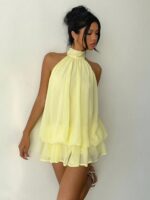Aloruh Women's Chiffon Elegant Pale Yellow Halter Tie Mini Dress,Summer Vacation Night Out Sun Dress,Wedding Guest Party Birthday Honeymoon Outfits - Image 5