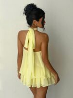 Aloruh Women's Chiffon Elegant Pale Yellow Halter Tie Mini Dress,Summer Vacation Night Out Sun Dress,Wedding Guest Party Birthday Honeymoon Outfits - Image 6