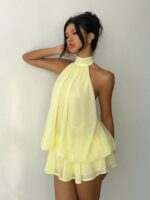 Aloruh Women's Chiffon Elegant Pale Yellow Halter Tie Mini Dress,Summer Vacation Night Out Sun Dress,Wedding Guest Party Birthday Honeymoon Outfits - Image 4