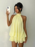 Aloruh Women's Chiffon Elegant Pale Yellow Halter Tie Mini Dress,Summer Vacation Night Out Sun Dress,Wedding Guest Party Birthday Honeymoon Outfits - Image 3