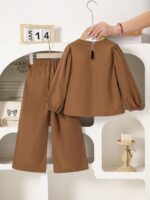 SHEIN Playful Pals 2pcs/Set Young Girl Fashionable Sweet Bow Decor Top + Wide Leg Pants Outfit, Spring/Autumn 7th Birthday - Image 2