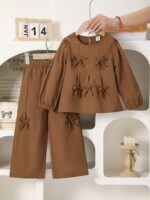SHEIN Playful Pals 2pcs/Set Young Girl Fashionable Sweet Bow Decor Top + Wide Leg Pants Outfit, Spring/Autumn 7th Birthday - Image 3