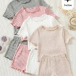 4PCS Girls Ribbed Ruffle Sleeve Summer Tops Set – Soft Cotton Casual T-Shirts