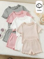 4PCS Girls Ribbed Ruffle Sleeve Summer Tops Set – Soft Cotton Casual T-Shirts