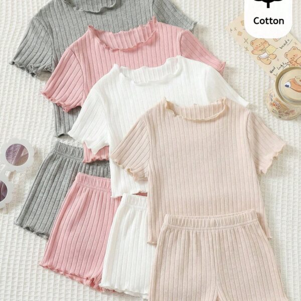 4PCS Girls Ribbed Ruffle Sleeve Summer Tops Set – Soft Cotton Casual T-Shirts