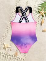 Young Girl Sweet Cool Print Pink-Purple Gradient One-Piece Swimsuit,Knit Fabric Straps Sporty Casual Style For Summer Beach Seaside Pool Swimming - Image 2