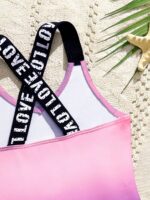 Young Girl Sweet Cool Print Pink-Purple Gradient One-Piece Swimsuit,Knit Fabric Straps Sporty Casual Style For Summer Beach Seaside Pool Swimming - Image 3