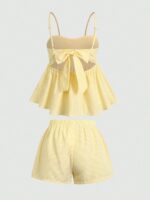 SHEIN Tween Girls Summer Casual Vacation Cream Yellow Striped Back Bow Decor Cami Top And Loose Shorts Set - Image 2
