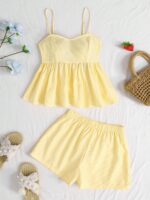 SHEIN Tween Girls Summer Casual Vacation Cream Yellow Striped Back Bow Decor Cami Top And Loose Shorts Set - Image 4