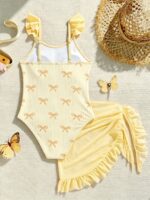 SHEIN Tween Girls Cute Bow Tie Print Shoulder Strap Floral Trim One-Piece Swimsuit With Ruffle Skirt, Suitable For Swimming, Vacation, Summer Beach - Image 3