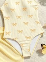 SHEIN Tween Girls Cute Bow Tie Print Shoulder Strap Floral Trim One-Piece Swimsuit With Ruffle Skirt, Suitable For Swimming, Vacation, Summer Beach - Image 4
