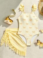 SHEIN Tween Girls Cute Bow Tie Print Shoulder Strap Floral Trim One-Piece Swimsuit With Ruffle Skirt, Suitable For Swimming, Vacation, Summer Beach - Image 2