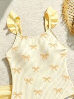 SHEIN Tween Girls Cute Bow Tie Print Shoulder Strap Floral Trim One-Piece Swimsuit With Ruffle Skirt, Suitable For Swimming, Vacation, Summer Beach - Image 5