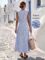 Louniche Women's Summer Blue And White Stripe Round Neck Waist Gathered Maxi Dress,Elegant Holiday Vacation Holiday,Casual Resort Style Street Outfit - Image 2