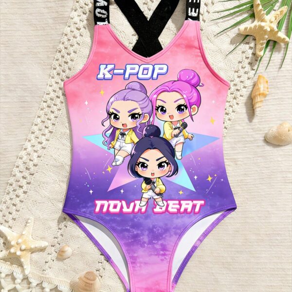 Young Girl Sweet Cool Print Pink-Purple Gradient One-Piece Swimsuit,Knit Fabric Straps Sporty Casual Style For Summer Beach Seaside Pool Swimming