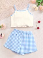 1Set Tween Girls Cute Cartoon Bow & Cherry Print Cami Top And Shorts Pajama Set,Pink Plaid,Summer,Cute,Sleep Homewear Suit,Slim Fit Girly Style - Image 2