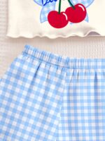 1Set Tween Girls Cute Cartoon Bow & Cherry Print Cami Top And Shorts Pajama Set,Pink Plaid,Summer,Cute,Sleep Homewear Suit,Slim Fit Girly Style - Image 5
