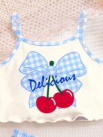 1Set Tween Girls Cute Cartoon Bow & Cherry Print Cami Top And Shorts Pajama Set,Pink Plaid,Summer,Cute,Sleep Homewear Suit,Slim Fit Girly Style - Image 6