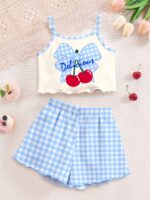 1Set Tween Girls Cute Cartoon Bow & Cherry Print Cami Top And Shorts Pajama Set,Pink Plaid,Summer,Cute,Sleep Homewear Suit,Slim Fit Girly Style - Image 3