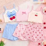 1Set Tween Girls Cute Cartoon Bow & Cherry Print Cami Top And Shorts Pajama Set,Pink Plaid,Summer,Cute,Sleep Homewear Suit,Slim Fit Girly Style