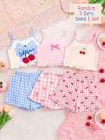 1Set Tween Girls Cute Cartoon Bow & Cherry Print Cami Top And Shorts Pajama Set,Pink Plaid,Summer,Cute,Sleep Homewear Suit,Slim Fit Girly Style