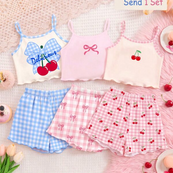 1Set Tween Girls Cute Cartoon Bow & Cherry Print Cami Top And Shorts Pajama Set,Pink Plaid,Summer,Cute,Sleep Homewear Suit,Slim Fit Girly Style