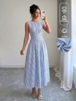Louniche Women's Summer Blue And White Stripe Round Neck Waist Gathered Maxi Dress,Elegant Holiday Vacation Holiday,Casual Resort Style Street Outfit - Image 3