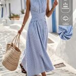 Louniche Women's Summer Blue And White Stripe Round Neck Waist Gathered Maxi Dress,Elegant Holiday Vacation Holiday,Casual Resort Style Street Outfit