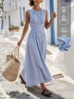 Louniche Women's Summer Blue And White Stripe Round Neck Waist Gathered Maxi Dress,Elegant Holiday Vacation Holiday,Casual Resort Style Street Outfit