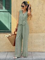 SHEIN Frenchy Women's Summer Casual Striped Front Button Tank Top And Pants 2 Pieces Set,Summer Outfits For Women - Image 4