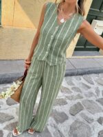 SHEIN Frenchy Women's Summer Casual Striped Front Button Tank Top And Pants 2 Pieces Set,Summer Outfits For Women - Image 7