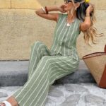 SHEIN Frenchy Women's Summer Casual Striped Front Button Tank Top And Pants 2 Pieces Set,Summer Outfits For Women