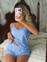 CottageSlumber Women's Sleepwear Set, Light Blue Knitted Ribbed Heart Print Contrast Lace Trim Romantic Sweet Cute Sexy Camisole & Shorts - Image 4
