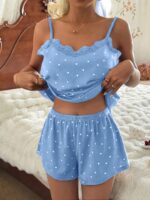 CottageSlumber Women's Sleepwear Set, Light Blue Knitted Ribbed Heart Print Contrast Lace Trim Romantic Sweet Cute Sexy Camisole & Shorts - Image 5