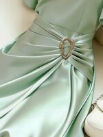 Franclia Women's Elegant Dress Party Dinner Dinner Lustrous Satin Metallic Decor Flared Sleeve Round Neck Spring/Summer Mint Green - Image 3