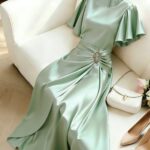 Franclia Women's Elegant Dress Party Dinner Dinner Lustrous Satin Metallic Decor Flared Sleeve Round Neck Spring/Summer Mint Green